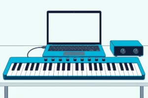 A 49-key MIDI keyboard in front of an open laptop with a blank screen and a small audio interface on a desk