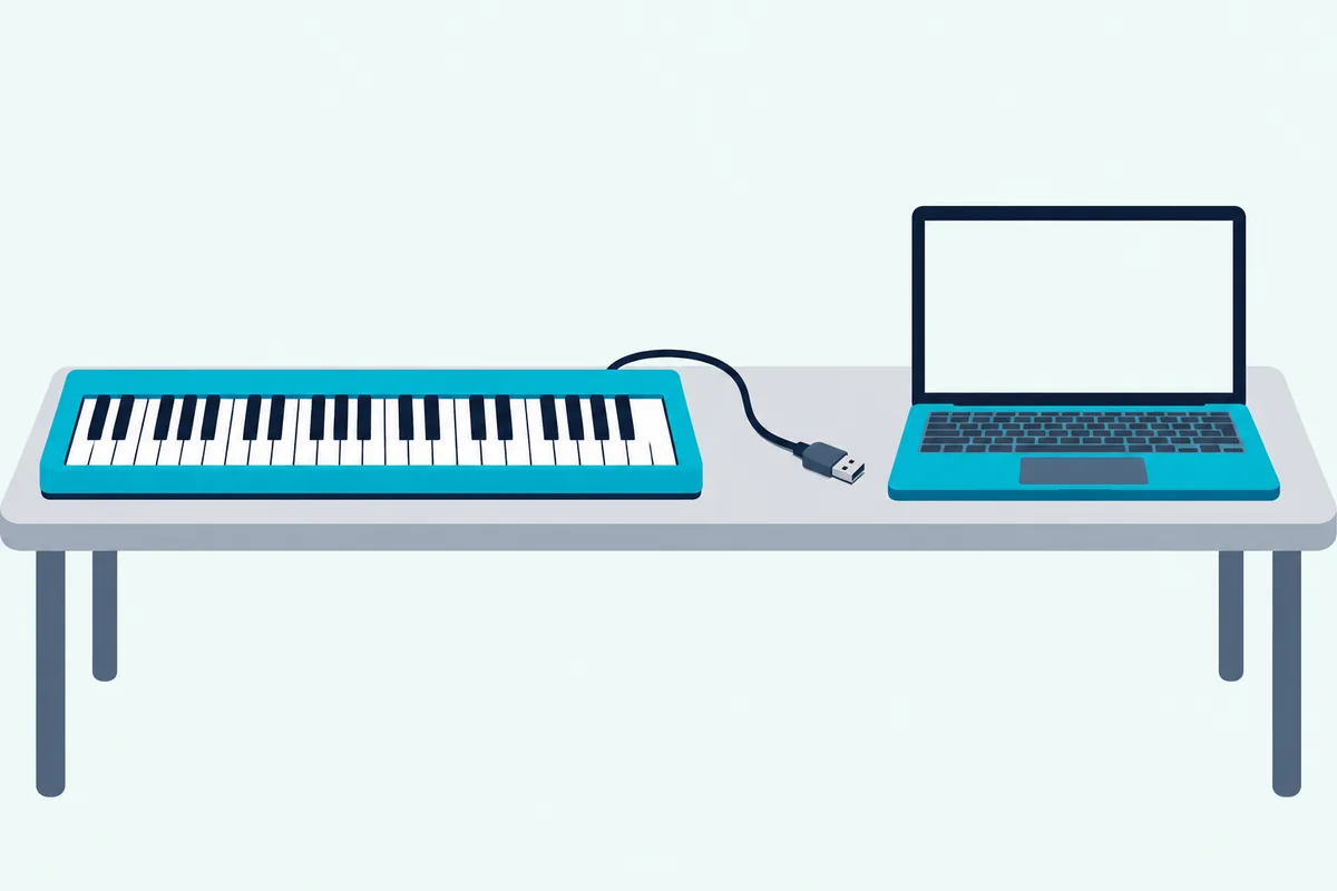 A MIDI keyboard with its USB cable lying unplugged on a desk beside an open laptop with a blank screen