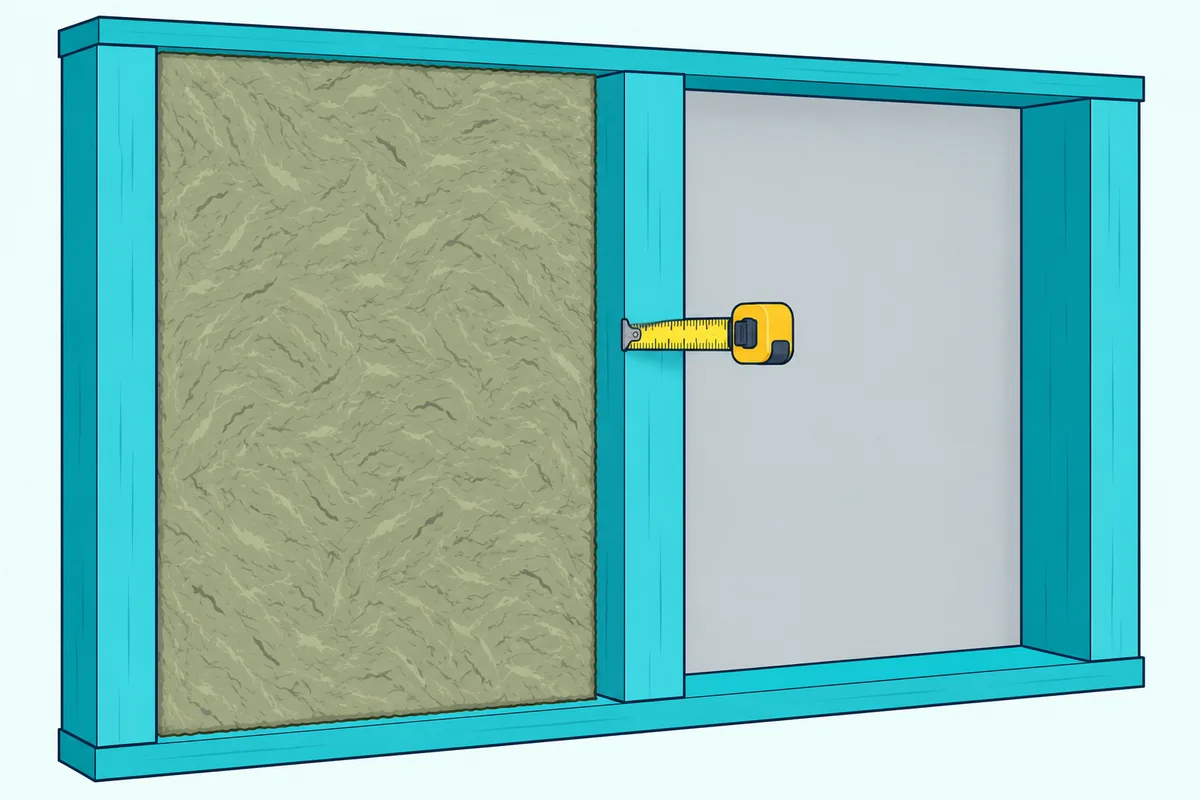 Mineral wool batt pressed edge to edge into a wood stud bay beside a tape measure laid across the stud's depth