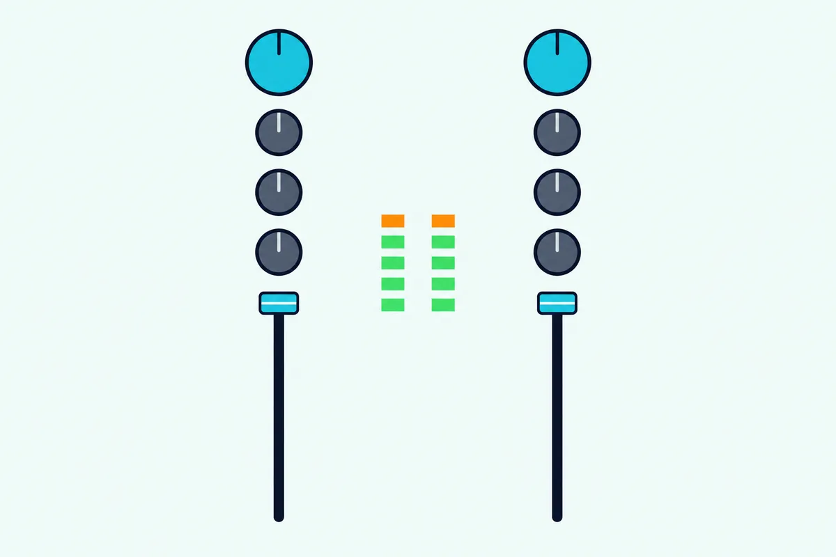 Mixer section of a DJ controller with two trim knobs above two columns of level lights, the top light lit orange