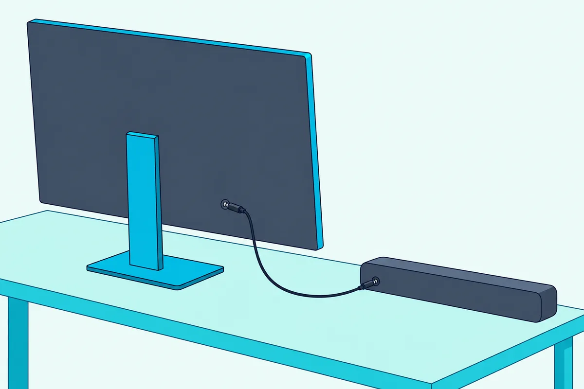 3.5 mm cable running from the headphone jack on a monitor's back panel to a slim soundbar on the desk