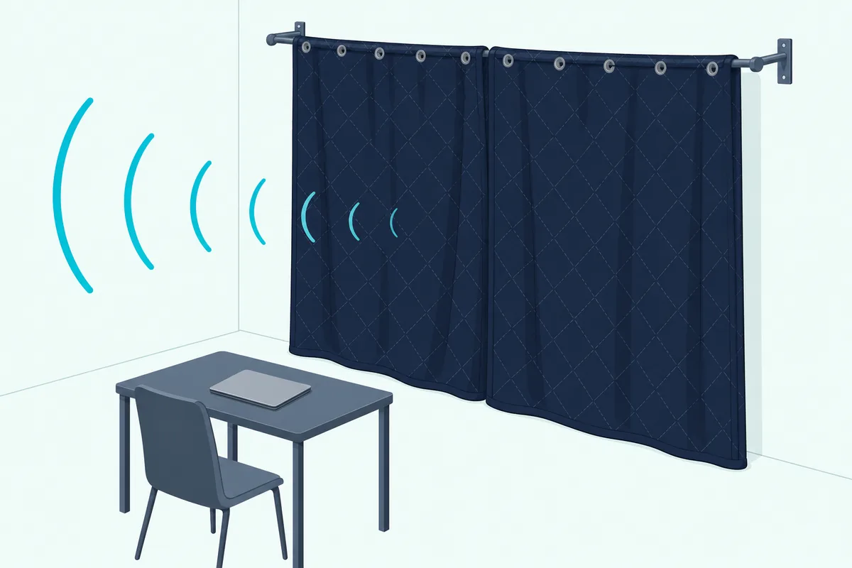 Moving blankets hung from a curtain rod a few inches off the wall, overlapping at the seam, in a home studio corner