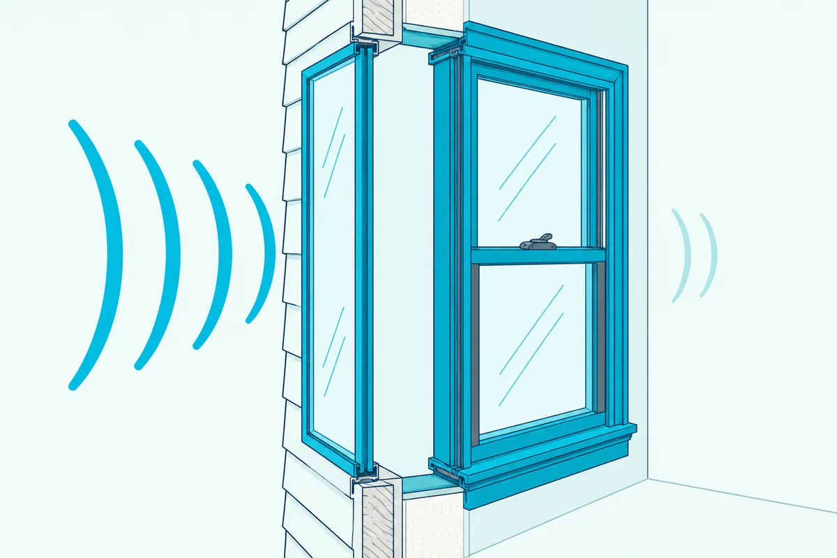 Old wood double-hung window with an exterior storm window and a wide air gap between the two layers of glass