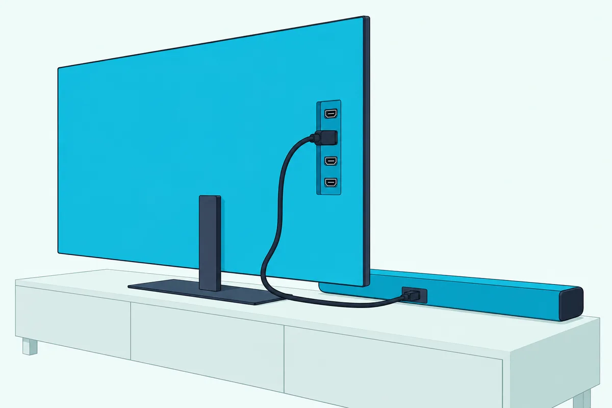 Thin OLED TV seen from behind with one HDMI cable running from its back panel down to a soundbar