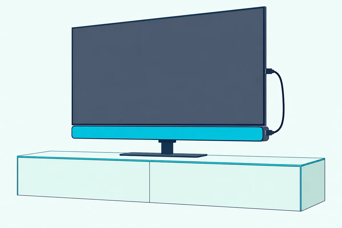 OLED TV on a low stand with a slim soundbar fixed beneath it by a short bracket