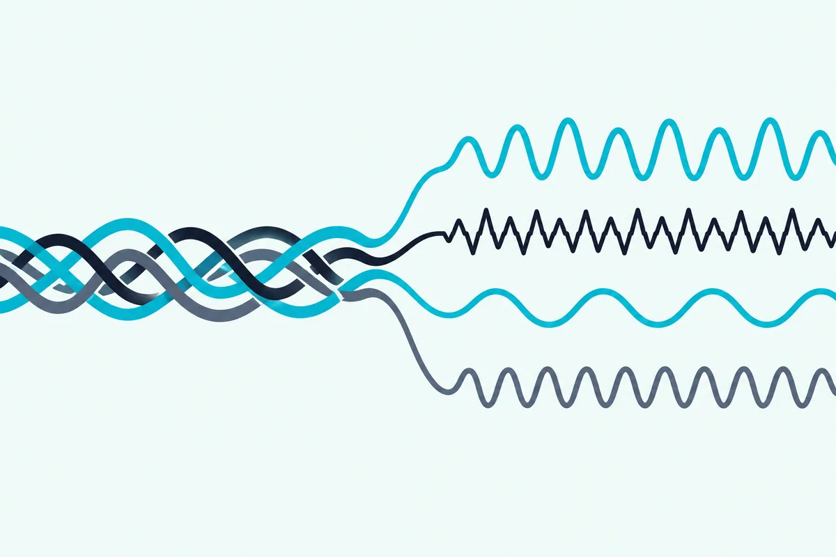 One braided sound wave splitting into four separate wave lines in teal, navy and gray, like a song divided into stems