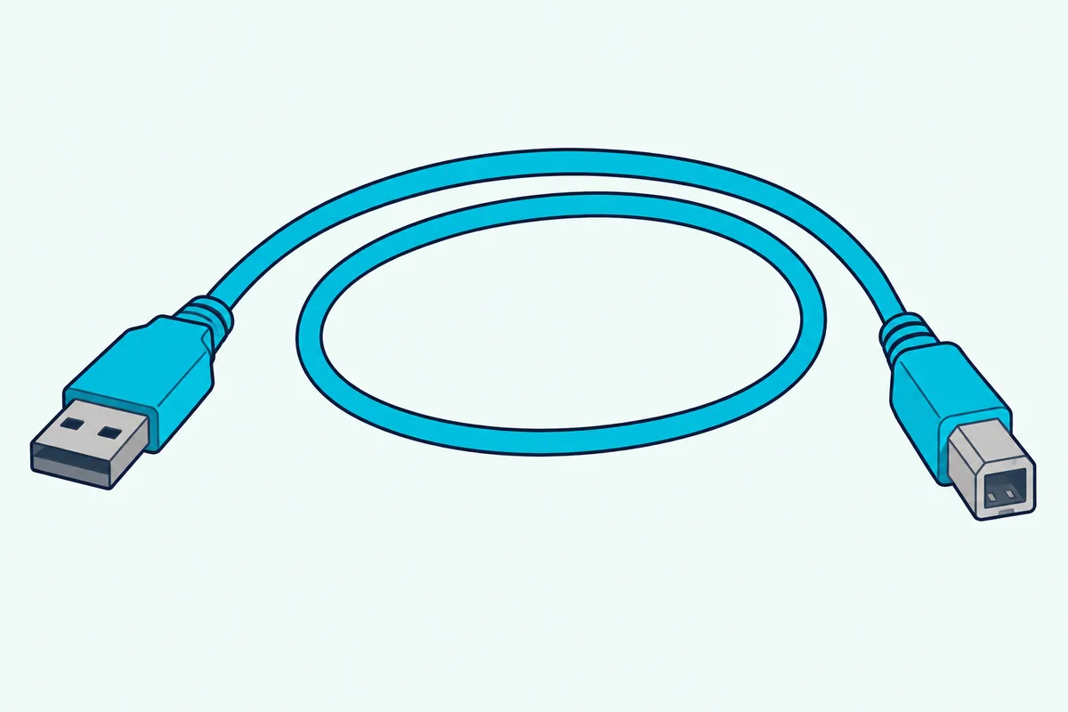 A coiled cable with a flat rectangular plug at one end and a square beveled plug at the other