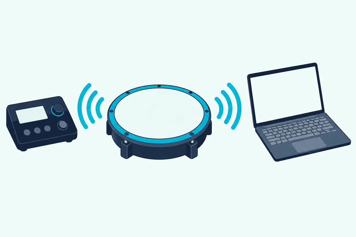 One drum pad sending sound waves to both a drum module and a laptop