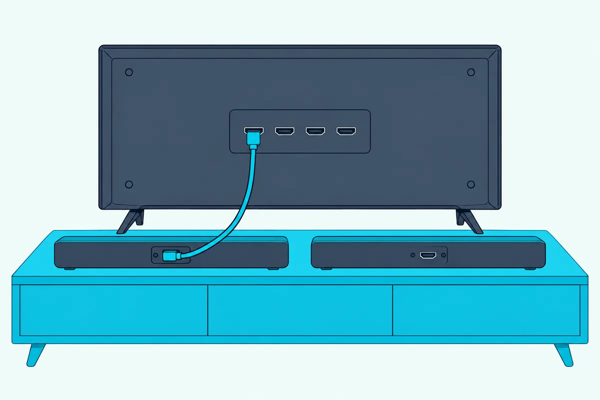 One HDMI cable running from a single port on the back of a TV to one soundbar, with a second soundbar left unconnected