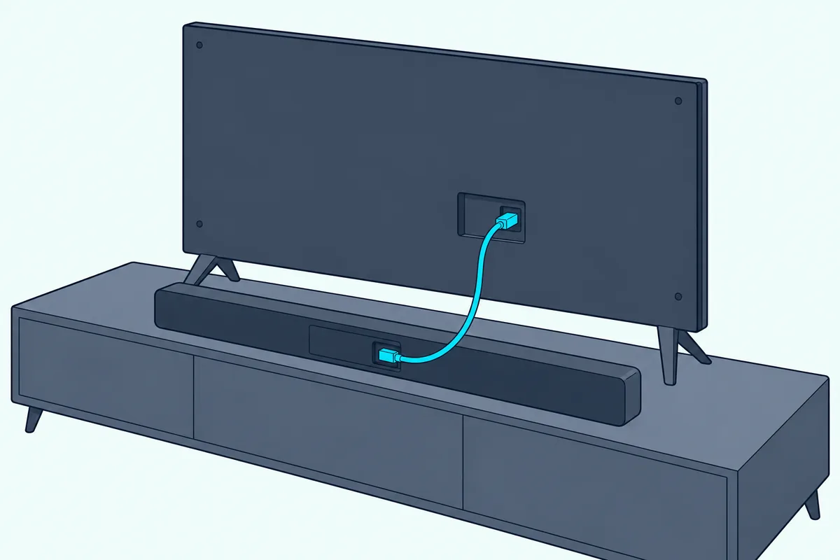 One HDMI cable running from the back of a TV down to the back of a soundbar on a console