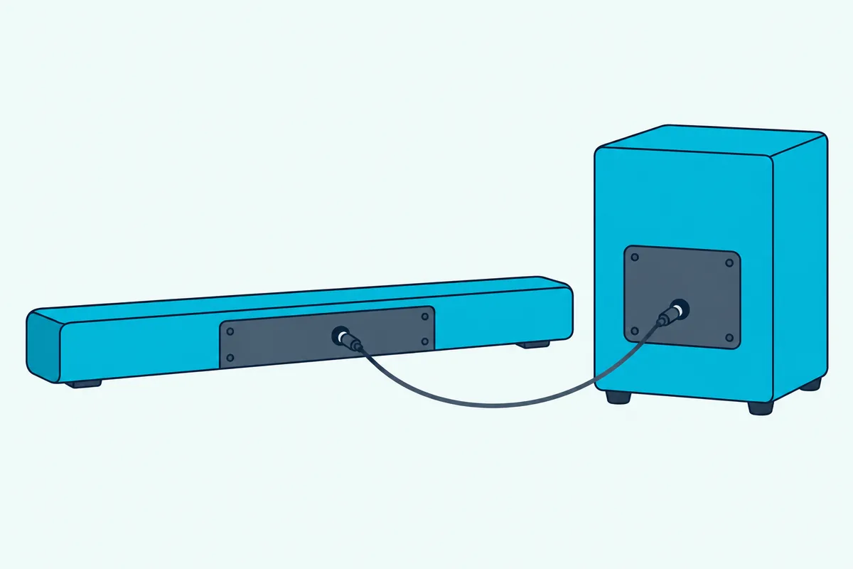 One thin cable with a round plug at each end joining a sound bar's back jack to a subwoofer's input