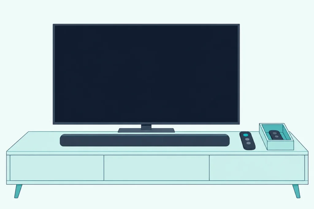 One TV remote on a low cabinet below a TV and slim soundbar, a second smaller remote put away in an open wooden box