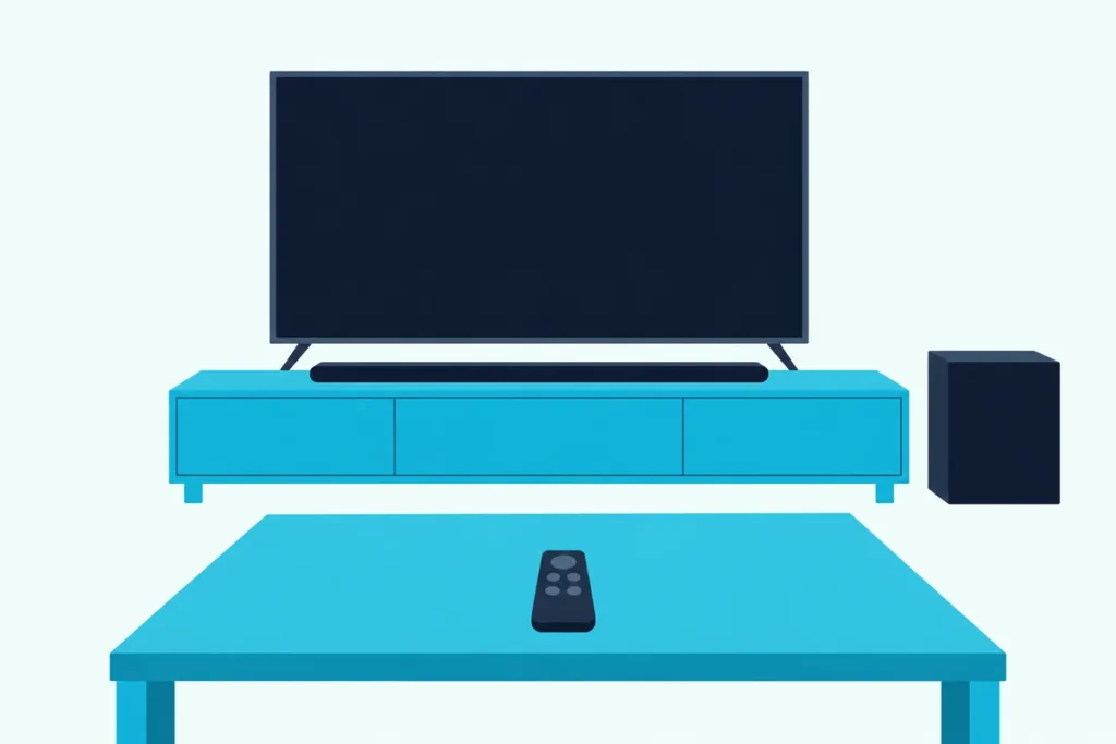 One TV remote on a coffee table facing a TV, a slim soundbar below its screen and a boxy subwoofer beside the cabinet