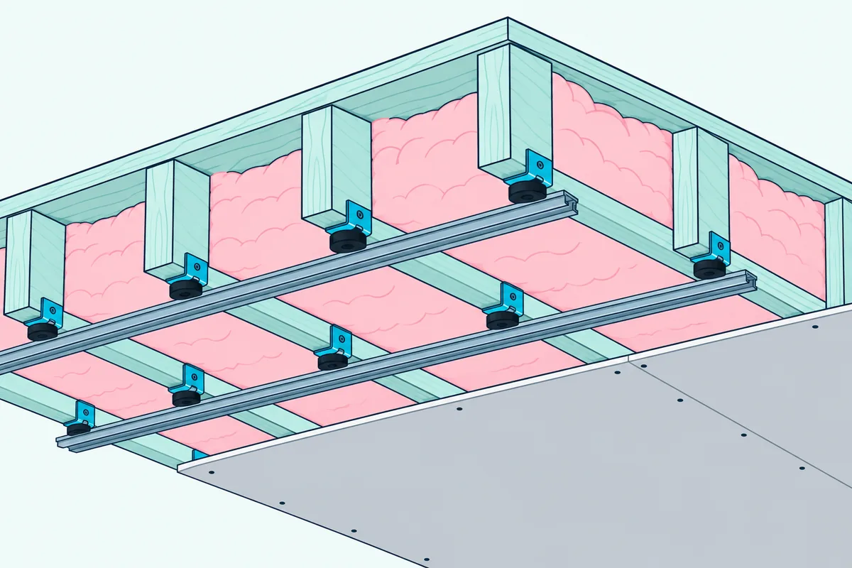 Open basement joist bays filled with insulation batts, with isolation clips and metal channel holding a drywall sheet