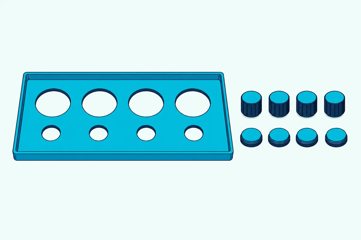 An open box lid with round holes cut for four buttons and four knobs