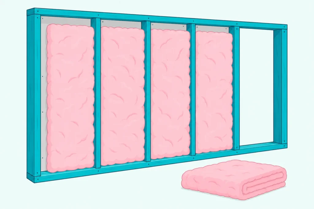 Open stud wall with pink insulation batts fitted between the studs, one bay still empty and drywall on the far side
