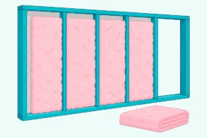 Open stud wall with pink insulation batts fitted between the studs, one bay still empty and drywall on the far side