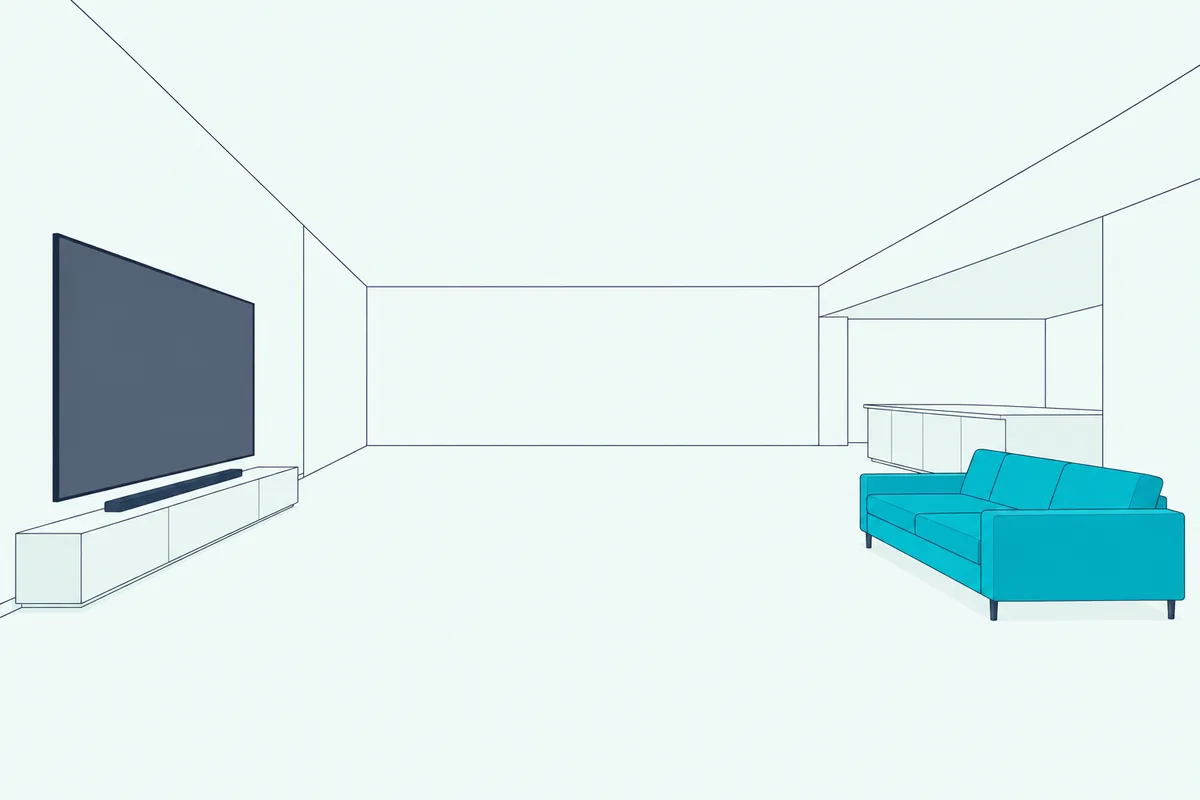Wide open-plan living room with a long sofa set far back from a large TV and a soundbar on a low console