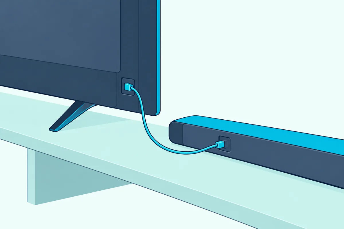 Thin optical cable from the digital audio out jack on the back of a TV down to the optical input of a soundbar