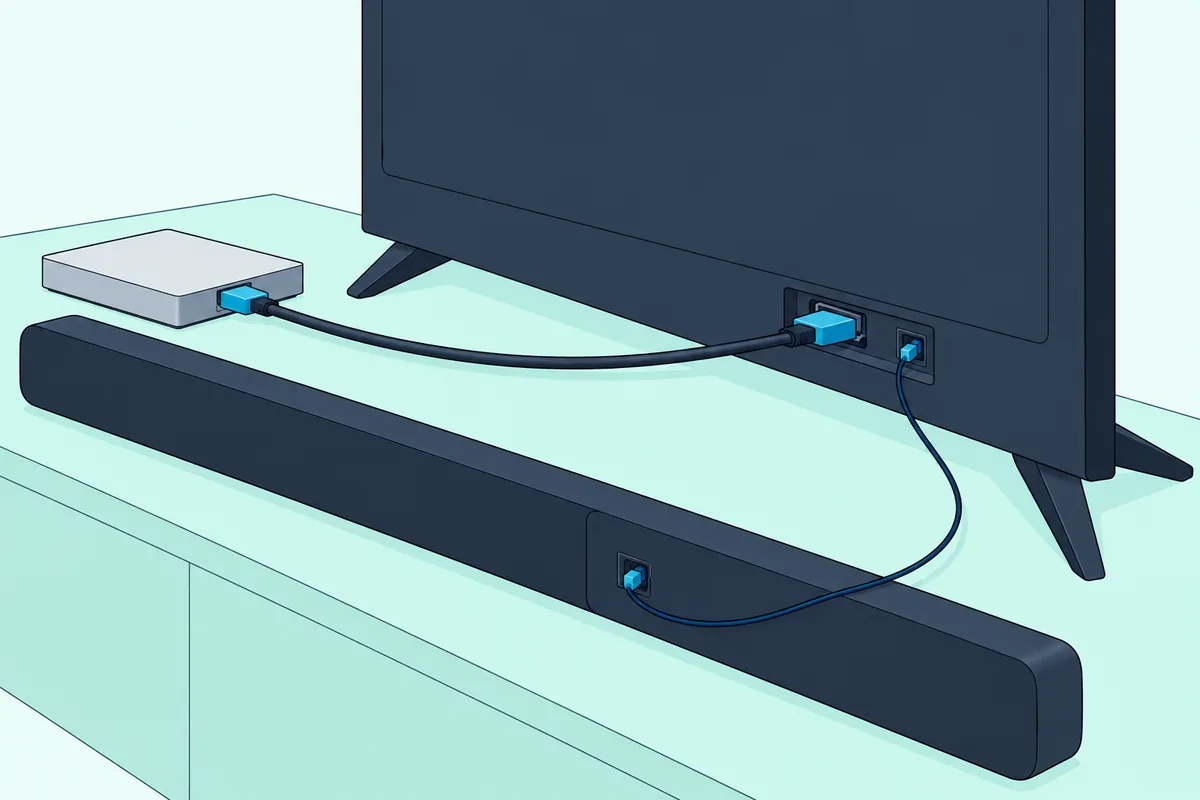 Thin optical cable from the back of a TV down to a soundbar, with a streaming box on HDMI to the TV