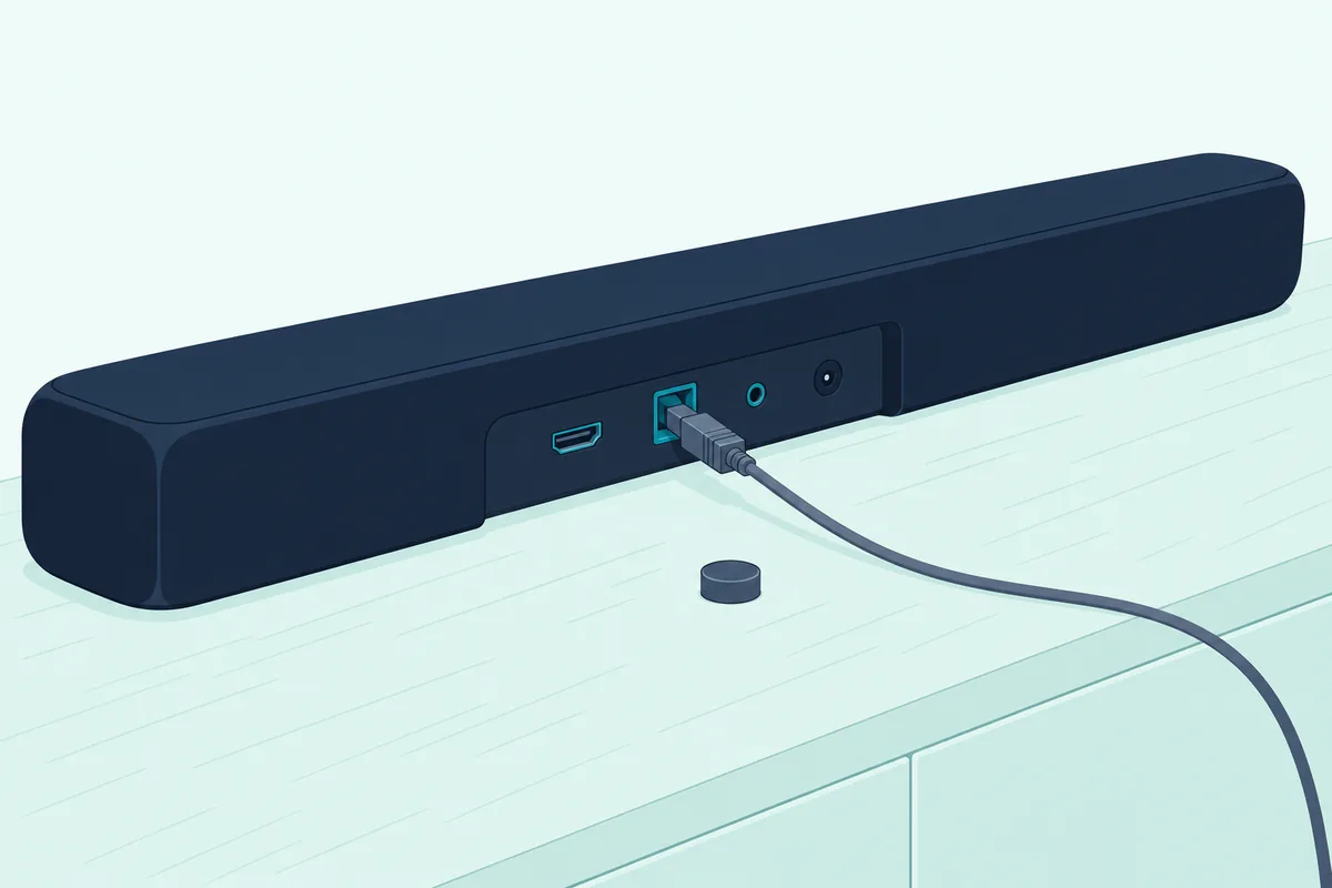 Optical cable plug entering a small square jack with a hinged door on the rear panel of a long dark soundbar