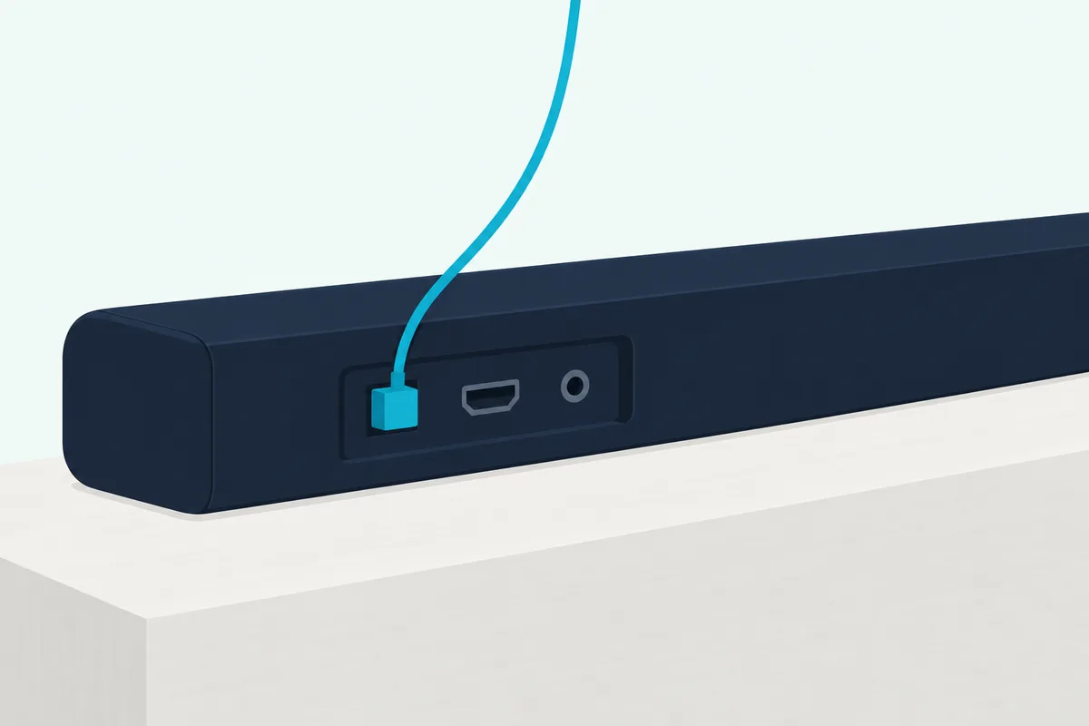 An optical cable's square plug pushed into the optical input on the back of a slim soundbar
