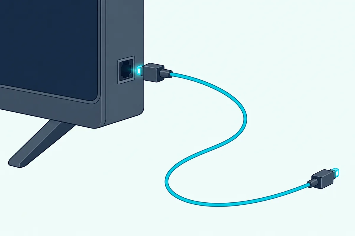Optical audio plug with its square tip about to slide into the matching square socket on the back of a TV