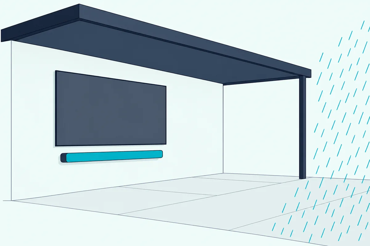 Long outdoor soundbar mounted under a patio TV with rain falling beyond the roof edge