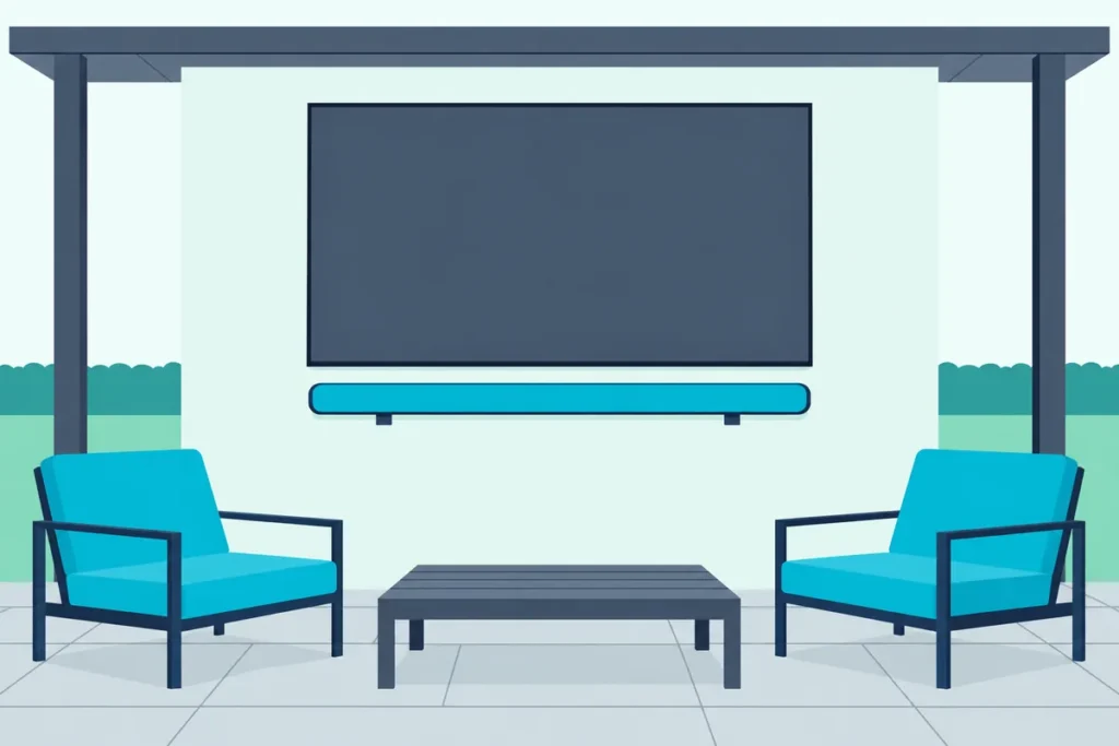 Outdoor TV on a covered patio wall with a long soundbar on brackets below it and two lounge chairs facing it