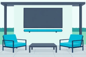 Outdoor TV on a covered patio wall with a long soundbar on brackets below it and two lounge chairs facing it
