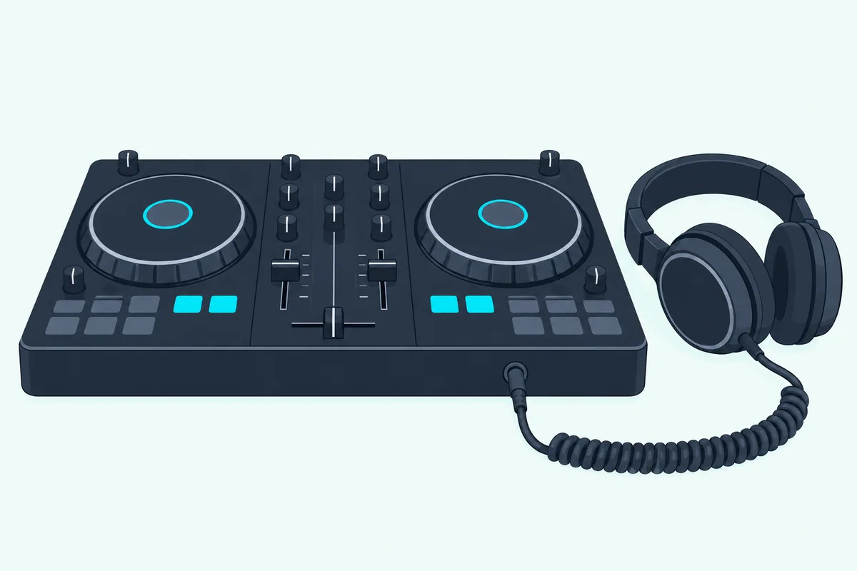 Over-ear DJ headphones plugged into the front jack of a DJ controller beside its lit cue buttons