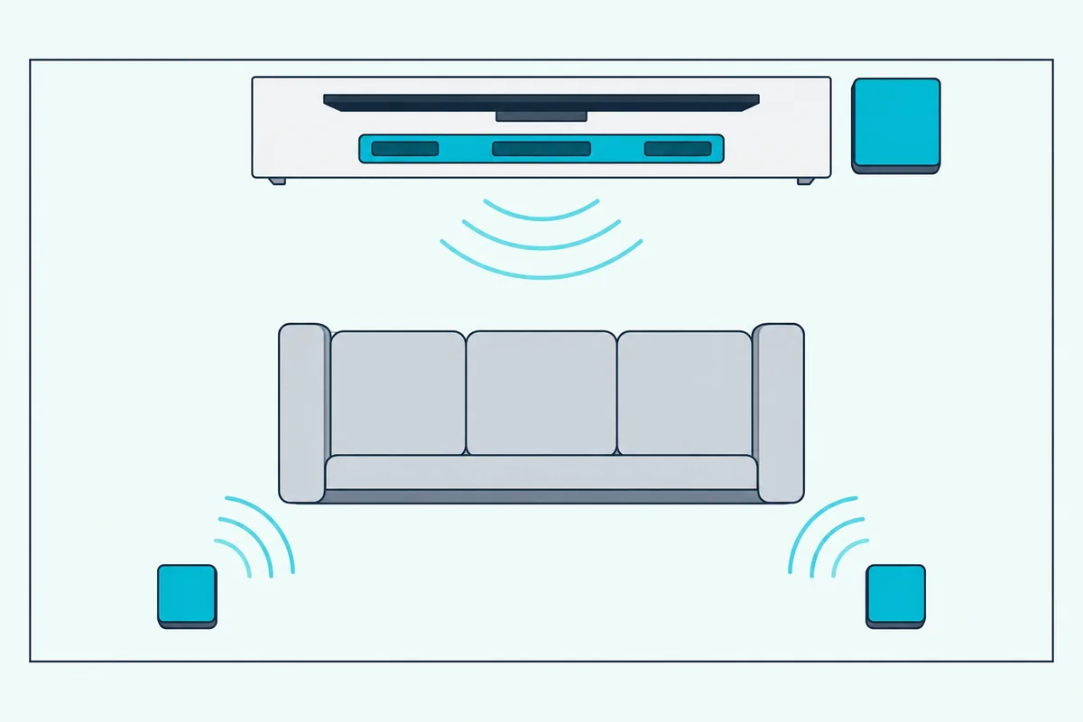 Soundbar under a TV with a subwoofer beside it and two small rear speakers behind a sofa, seen from above