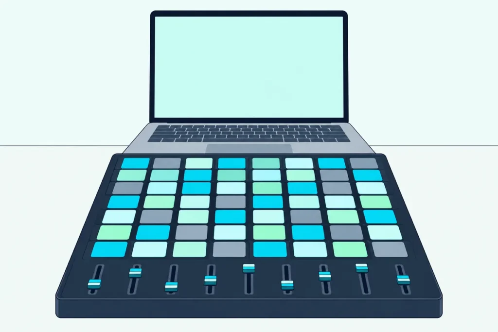 A pad grid controller with colored pads and faders in front of an open laptop