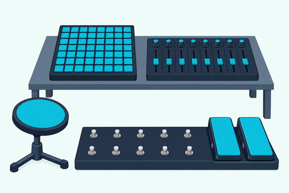 A 64-pad grid controller, an eight-fader controller, a floor foot controller and an electronic drum pad