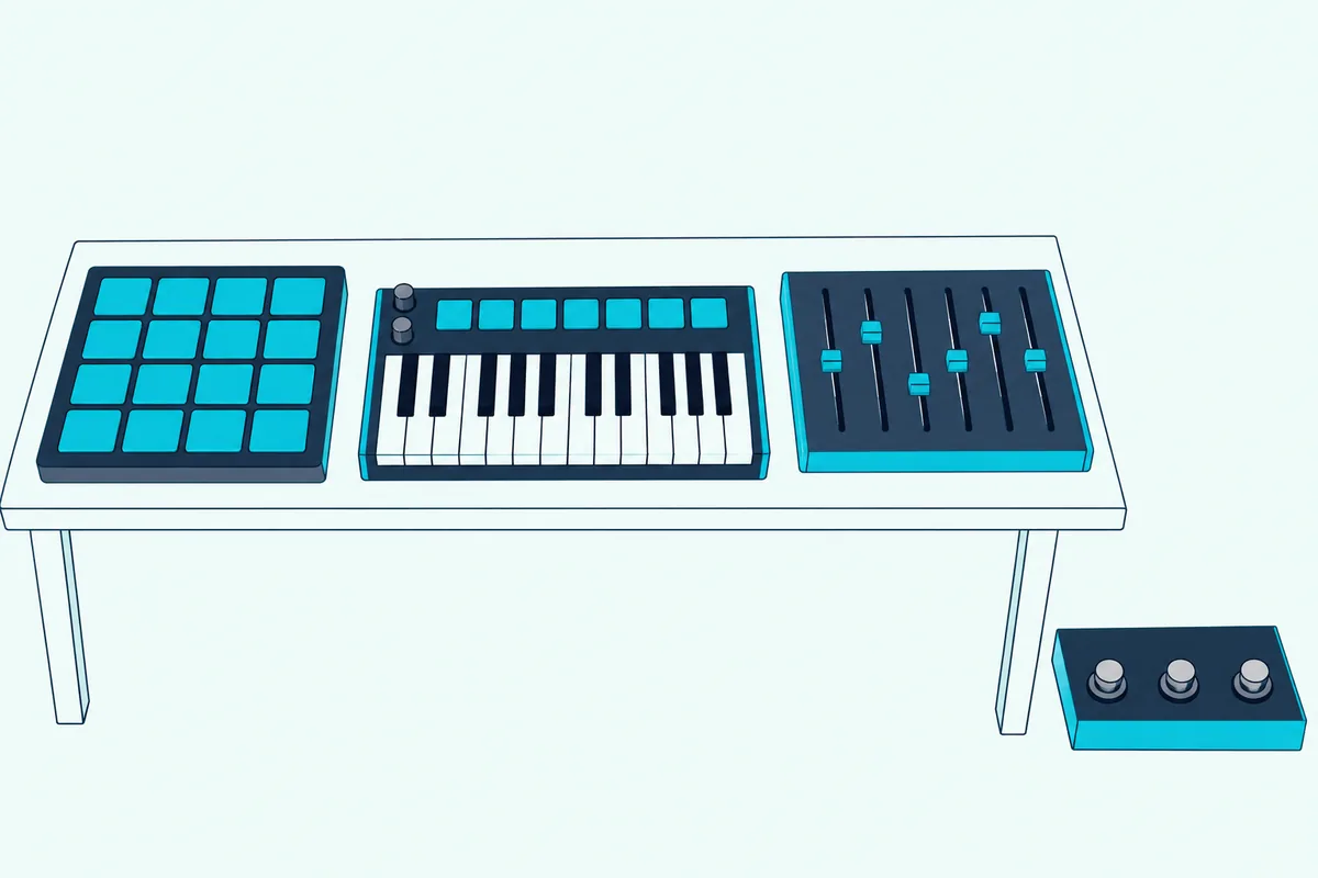 A pad grid, a small keyboard, a fader box and a foot controller in a row