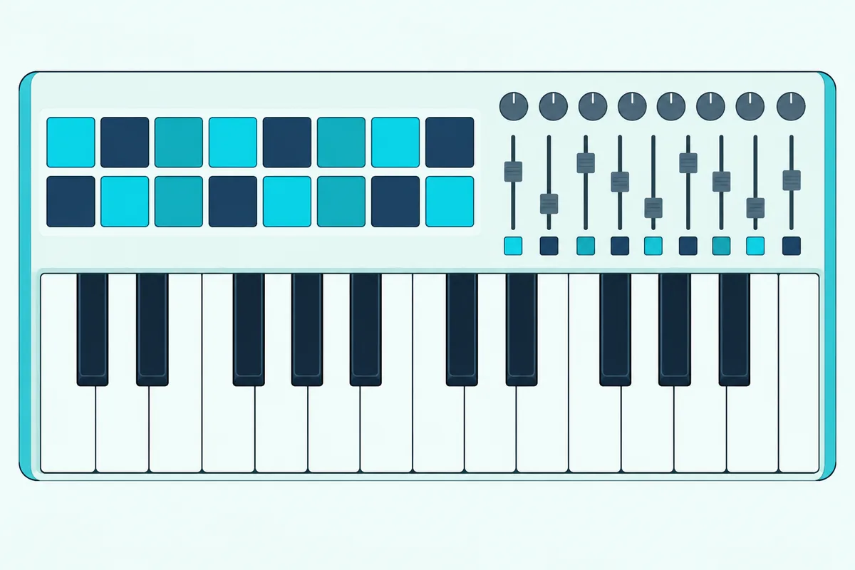 Sixteen square pads, a row of faders and eight knobs on the control panel of a MIDI keyboard seen from above