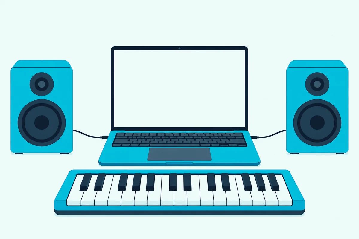 A pair of desktop monitor speakers beside an open laptop with a small keyboard in front