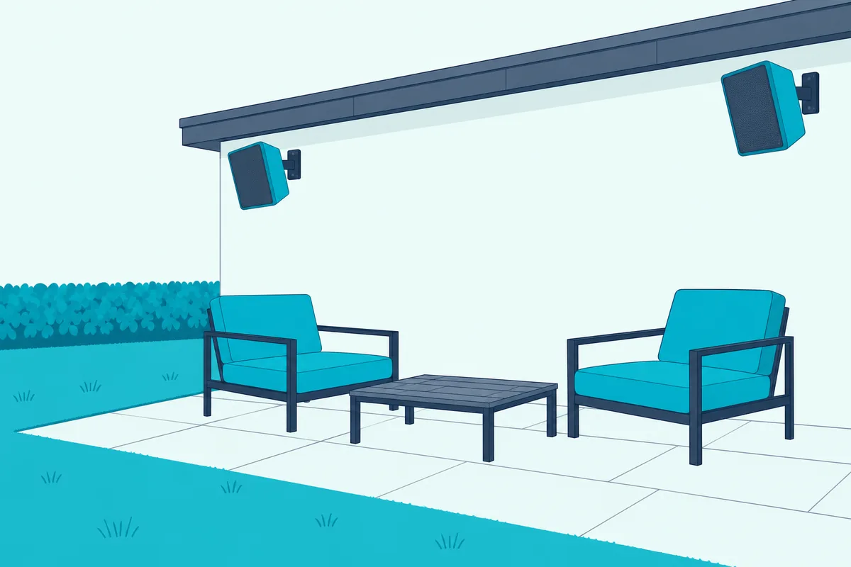 Pair of outdoor speakers mounted under a patio roof edge pointing down at outdoor chairs
