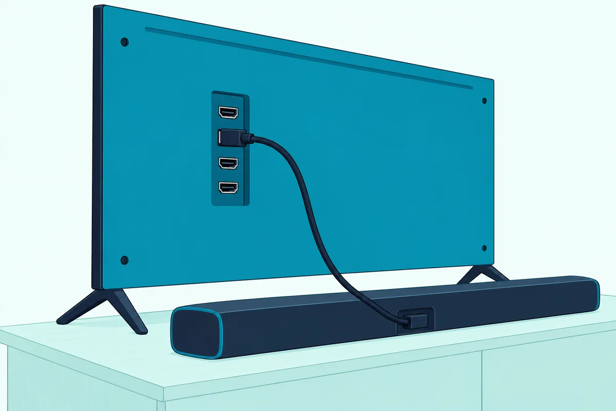 Back panel of a flat TV with one cable plugged into the second of four matching sockets, its other end running to a soundbar