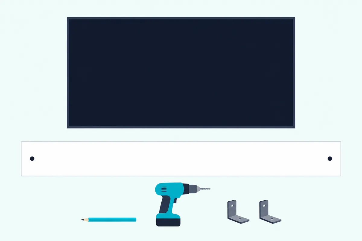 Paper mounting template on a wall below a wall-mounted TV, with a pencil, a drill and two small brackets nearby