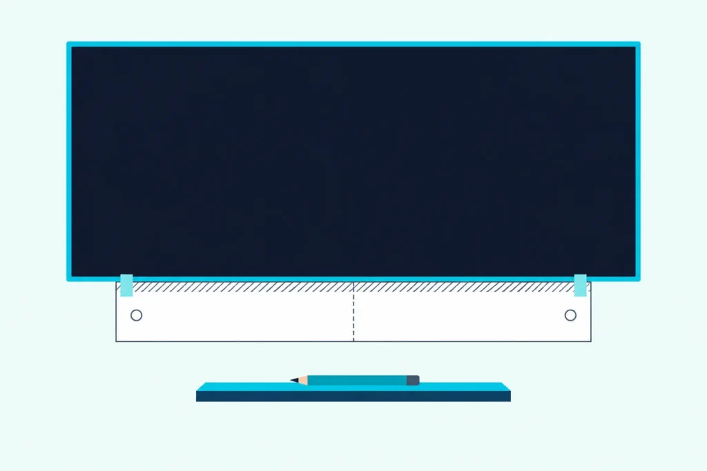 Paper mounting template with a hatched band along its top, taped to a wall under a blank TV, two circles marked