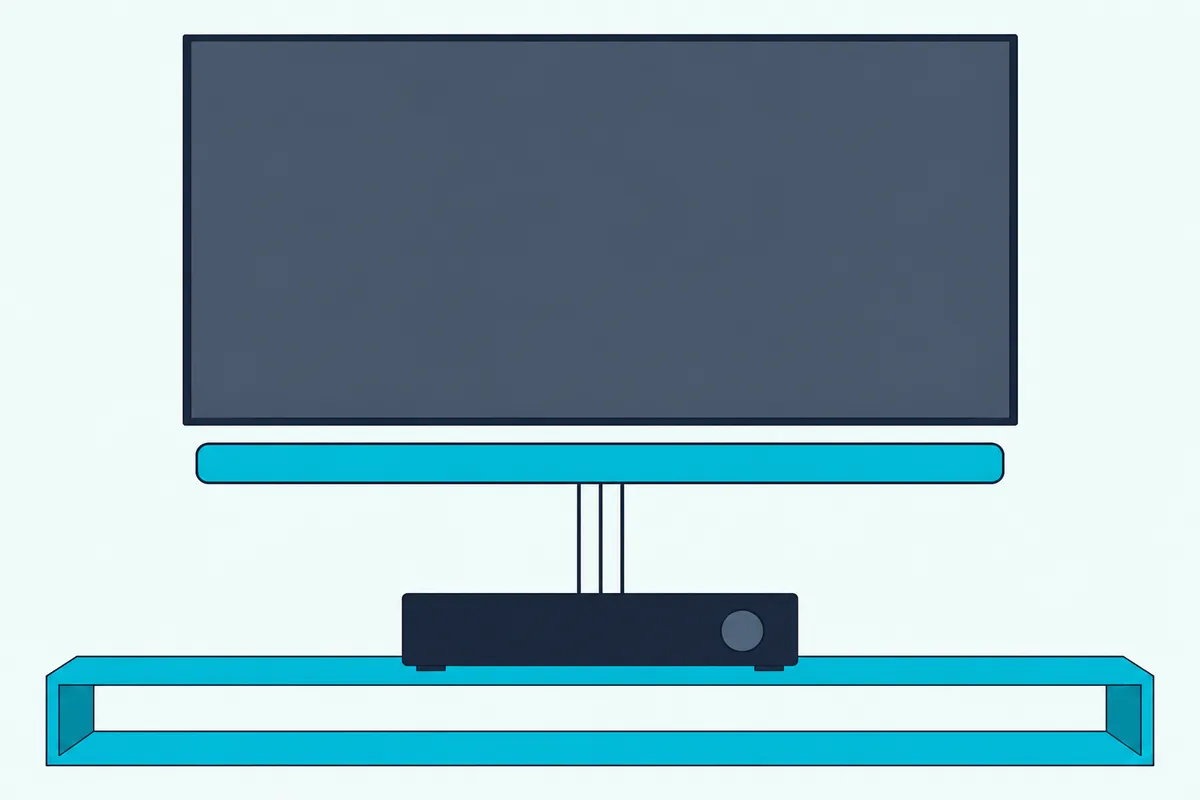 Slim passive soundbar under a wall-mounted TV with three separate speaker wires running down to an AV receiver on a shelf