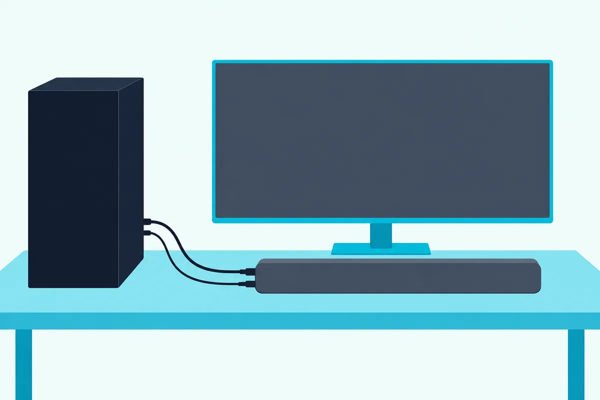 Desktop tower with a USB cable and a 3.5 mm cable running to a slim soundbar under a monitor
