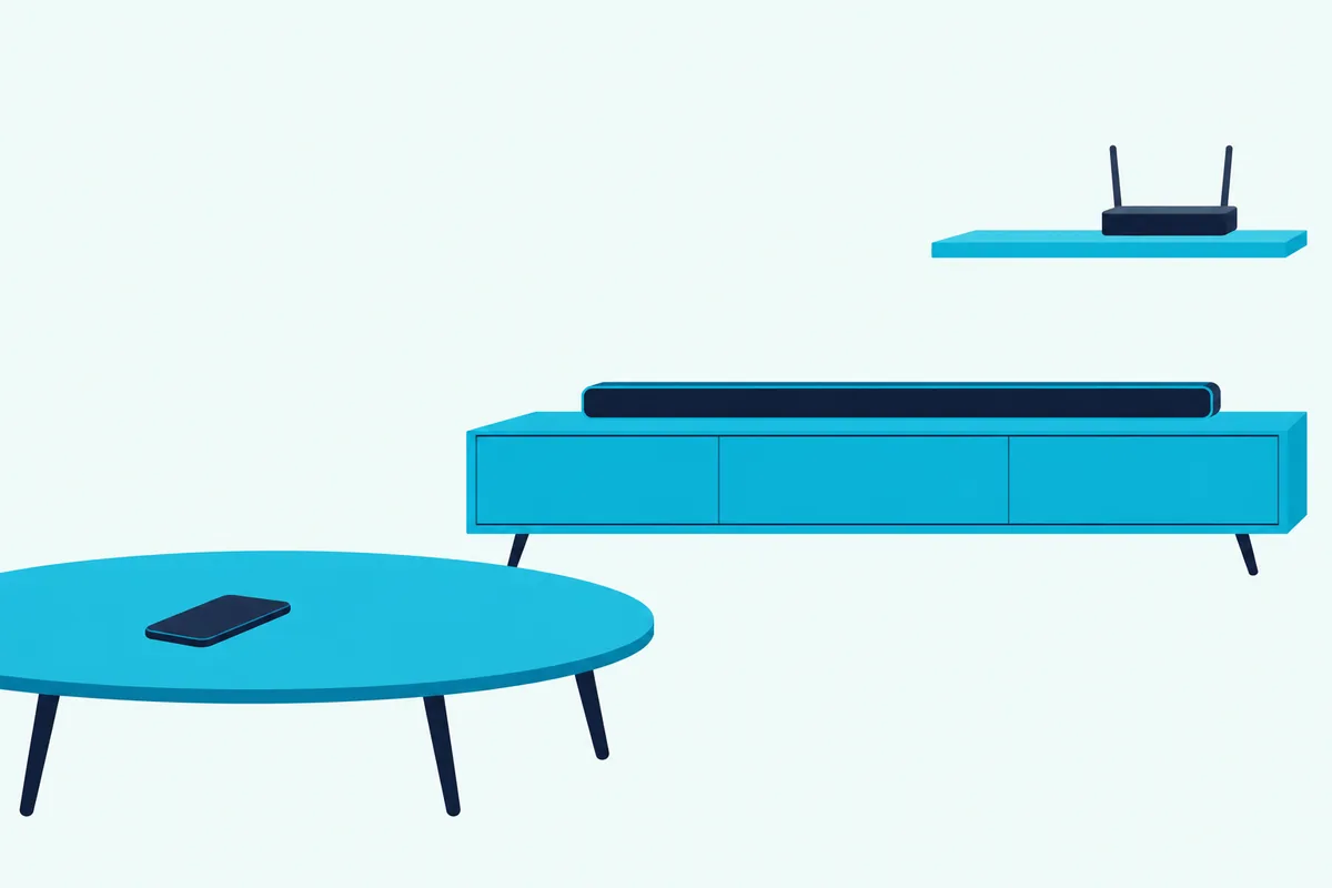 Smartphone lying face down on a coffee table beside a soundbar, with a wireless router on a shelf in the background