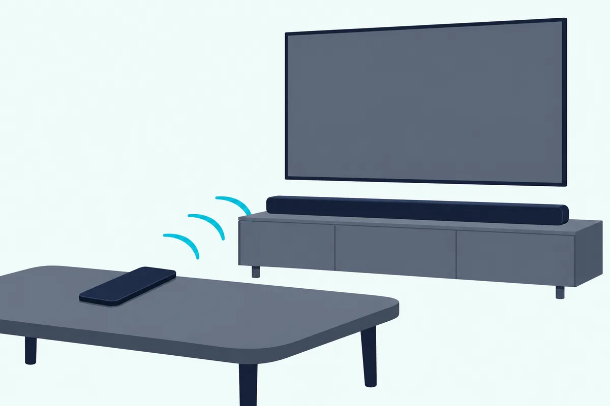 Smartphone lying face down on a coffee table with curved sound waves running to a slim soundbar below a blank TV