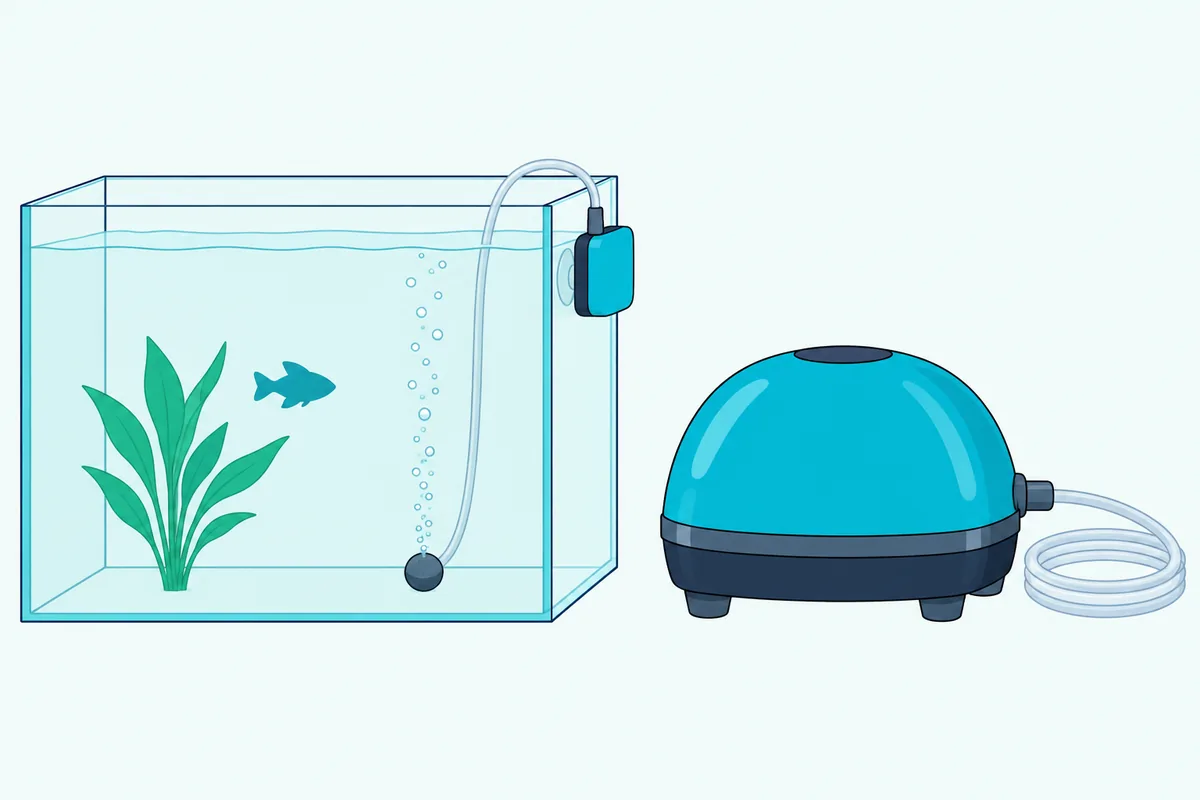 A small square piezo air pump stuck to the outside of a small fish tank beside a larger dome-shaped air pump on rubber feet