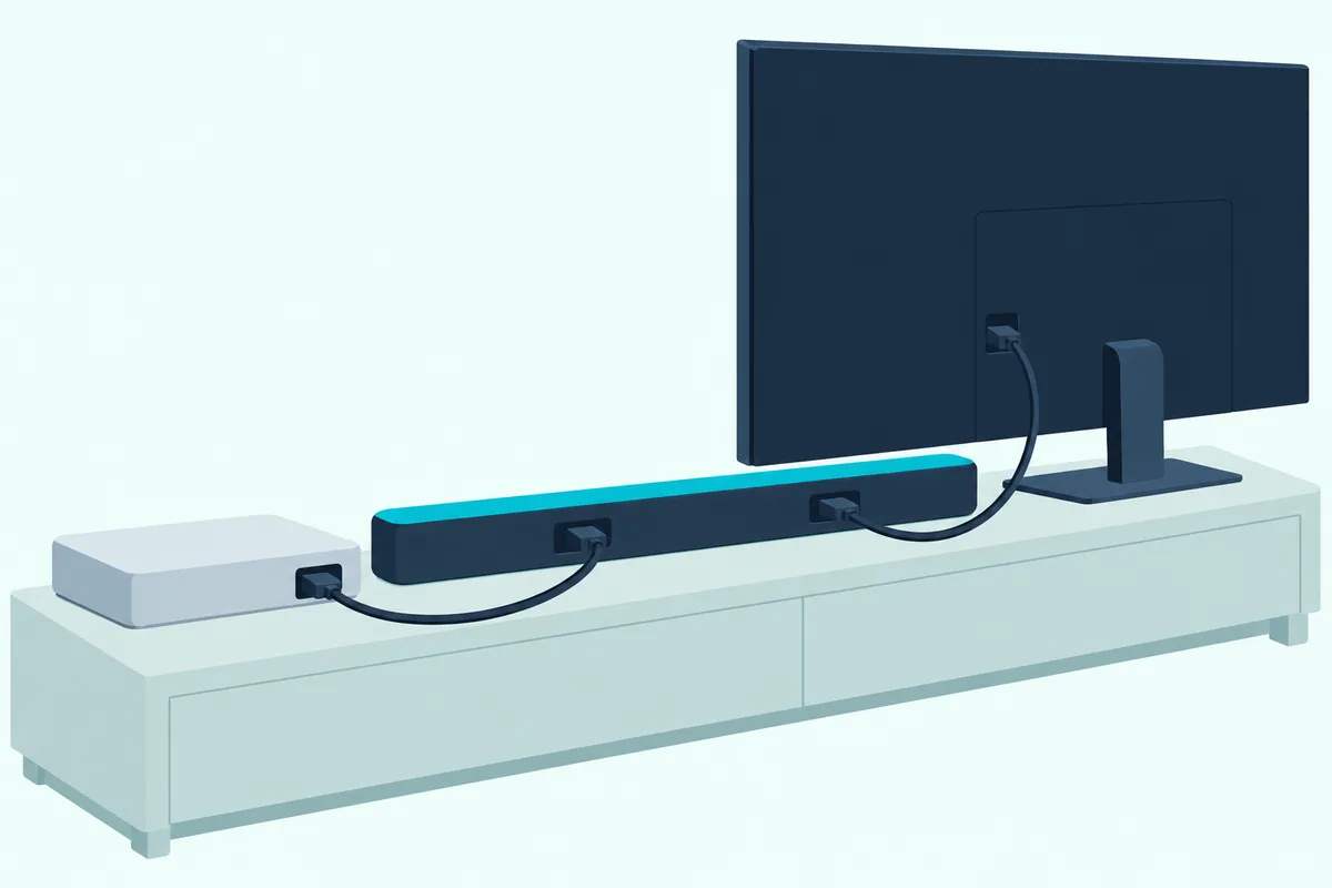 Plain game console box with an HDMI cable into the back of a soundbar and a second HDMI cable from the soundbar up to a TV