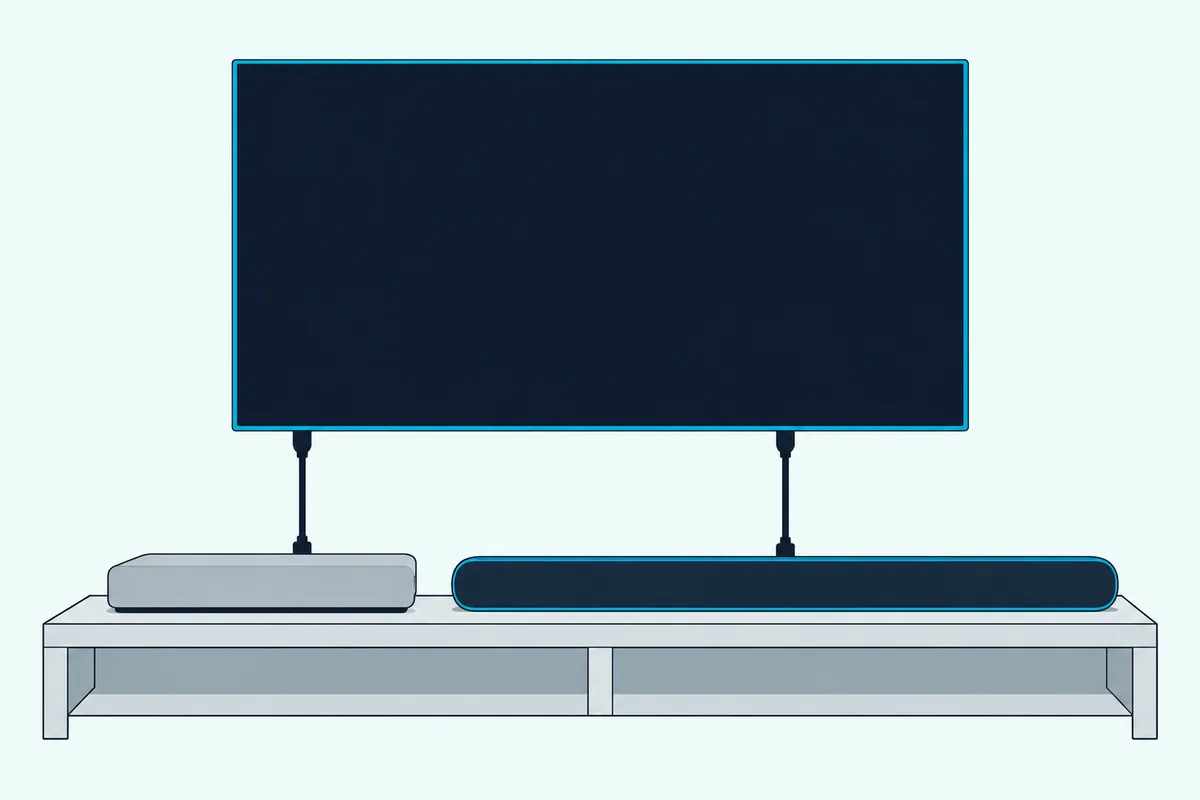 Plain game console box with an HDMI cable into a wall TV and a second HDMI cable from the TV down to a soundbar