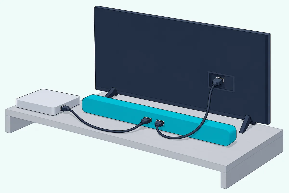 Game console box with an HDMI cable into the back of a soundbar and a second HDMI cable from the soundbar up to a TV