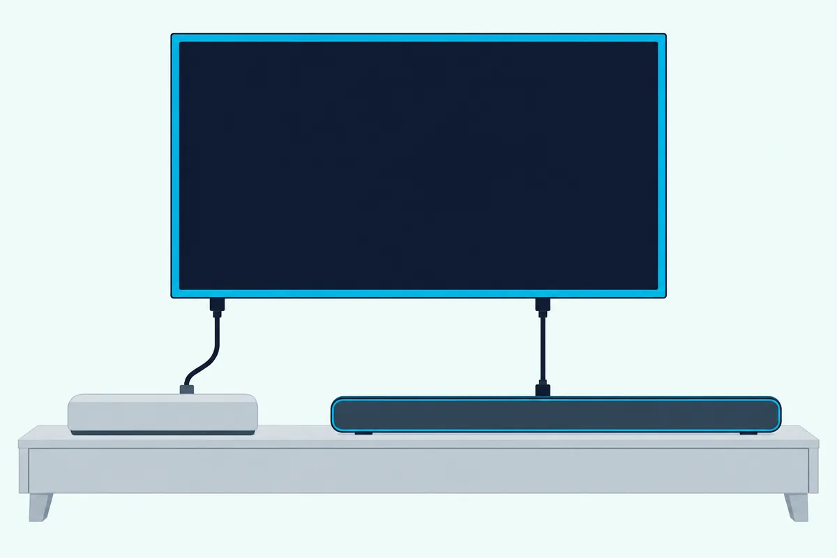 Game console box beside a wall-mounted TV, one HDMI cable into the TV and a second from the TV down to a soundbar